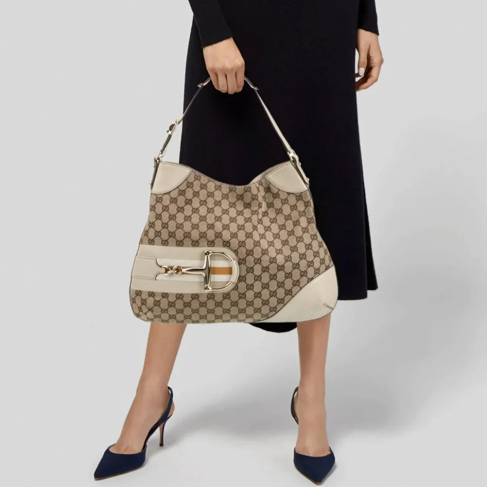 Gucci GG beige Canvas Horsebit Hasler Vintage Hobo Bag